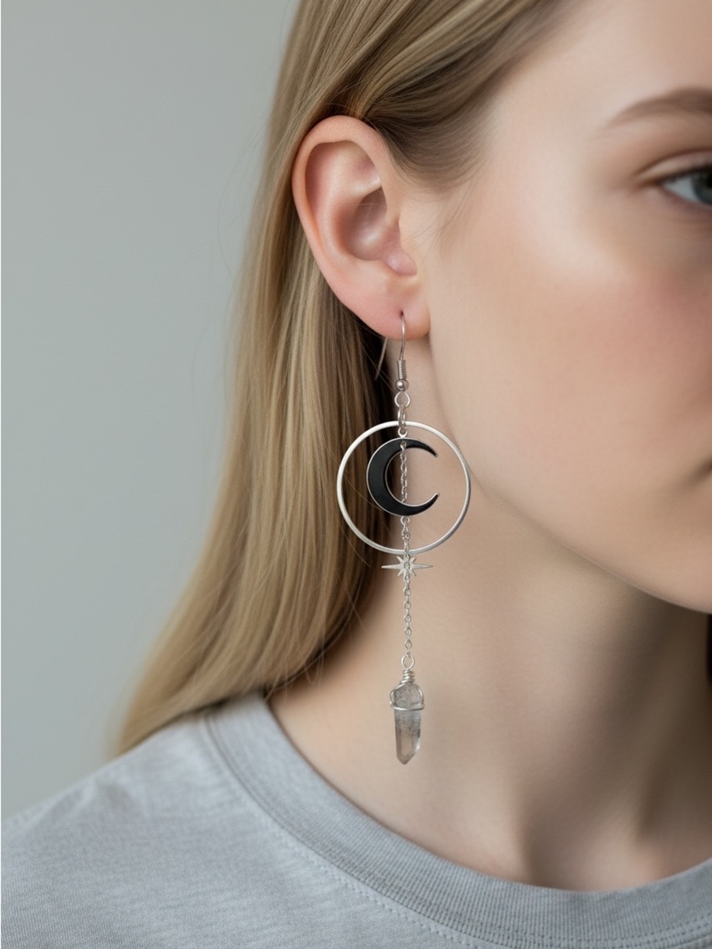 9/27 Sterling Silver Moon & Crystal Drop Earrings - Silver